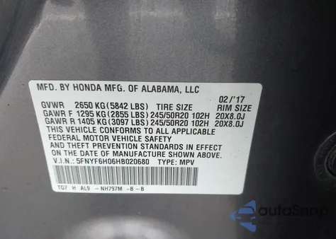 2017 Honda Pilot Elite z USA, uszkodzony, nr VIN 5FNYF6H06HB020680